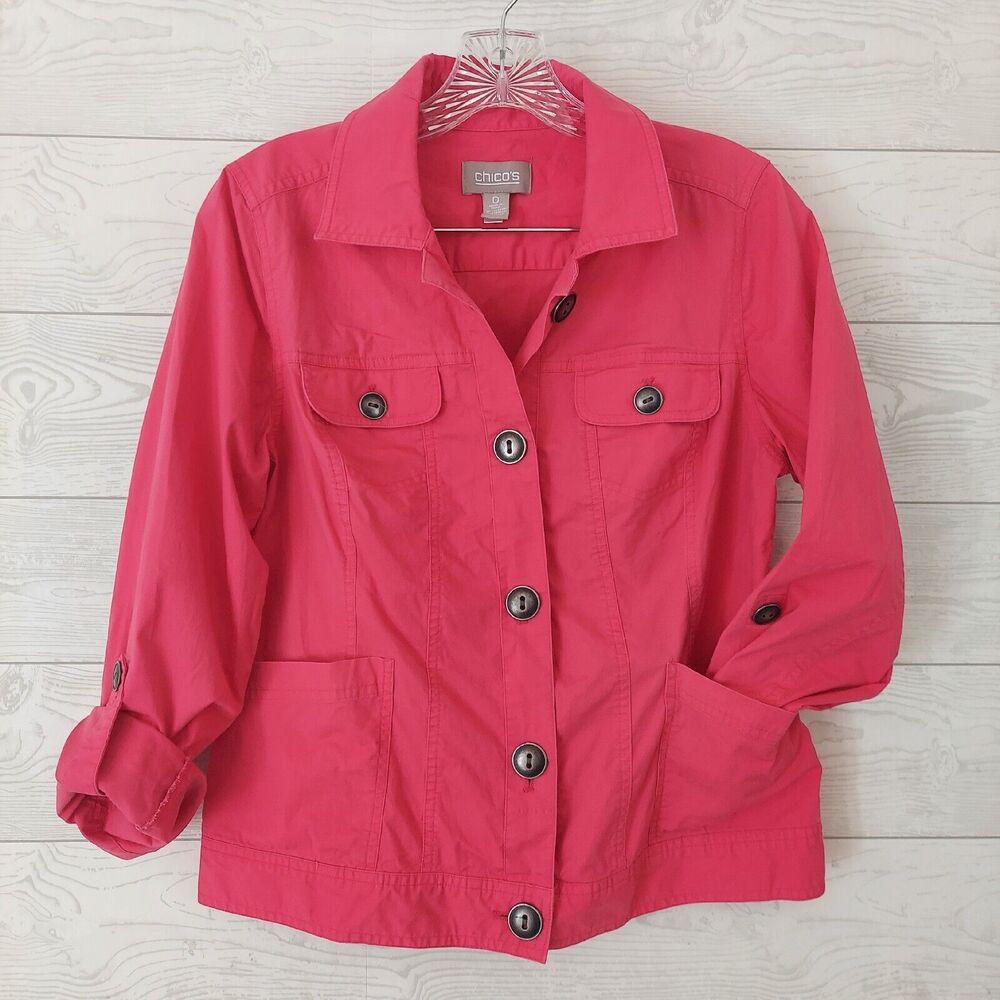 Chicos Size 0 Jacket Womens Small Pink Button Front Lightweight